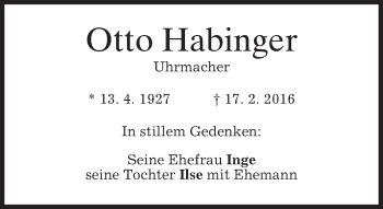 Traueranzeige von Otto Habinger von merkurtz