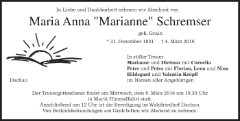 Traueranzeige von Maria Anna Schremser von merkurtz