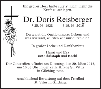 Traueranzeige von Doris Reisberger von merkurtz