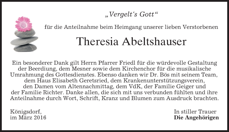  Traueranzeige für Theresia Abeltshauser vom 12.03.2016 aus merkurtz