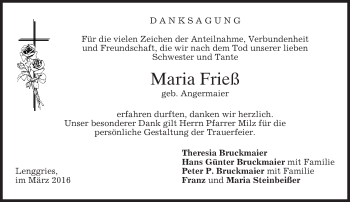 Traueranzeige von Maria Frieß von merkurtz