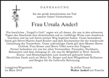 Traueranzeige von Ursula Anderl von merkurtz
