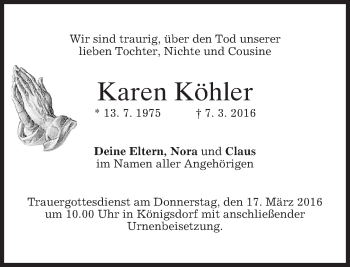 Traueranzeige von Karen Köhler von merkurtz