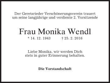 Traueranzeige von Monika Wendl von merkurtz