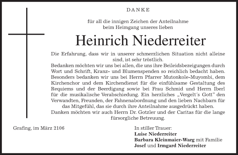  Traueranzeige für Heinrich Niederreiter vom 19.03.2016 aus merkurtz