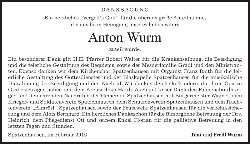  Traueranzeige für Anton Wurm vom 05.03.2016 aus merkurtz