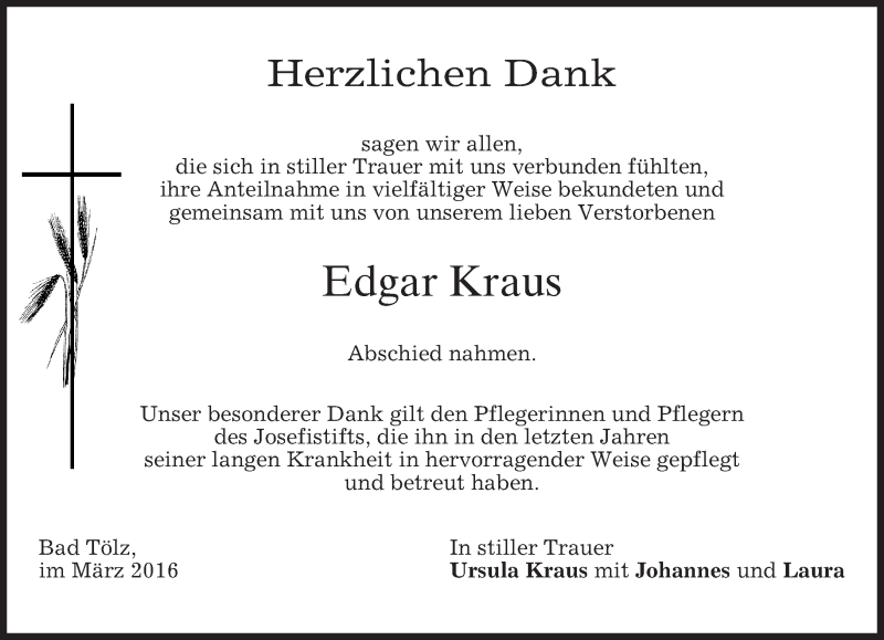  Traueranzeige für Edgar Kraus vom 19.03.2016 aus merkurtz
