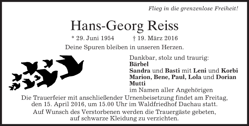  Traueranzeige für Hans-Georg Reiss vom 26.03.2016 aus merkurtz