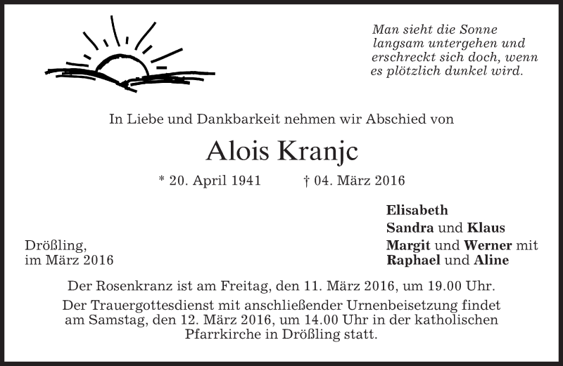  Traueranzeige für Alois Kranjc vom 09.03.2016 aus merkurtz