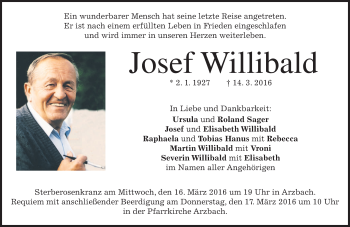 Traueranzeige von Josef Willibald von merkurtz