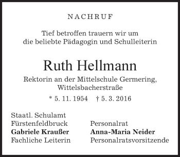 Traueranzeige von Ruth Hellmann von merkurtz