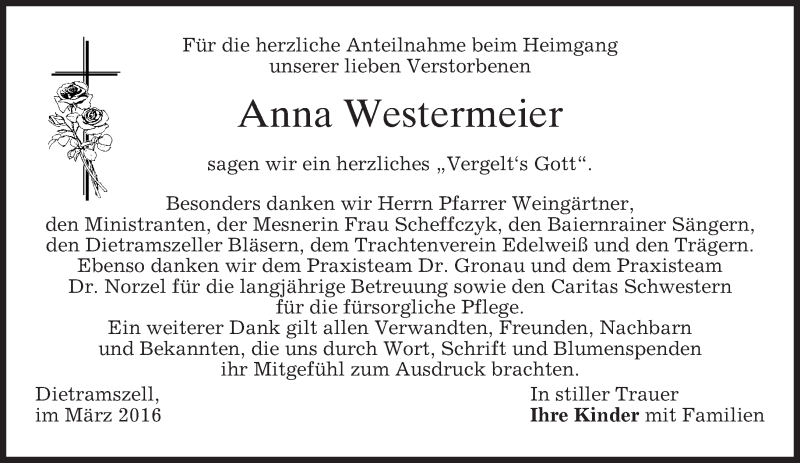  Traueranzeige für Anna Westermeier vom 19.03.2016 aus merkurtz
