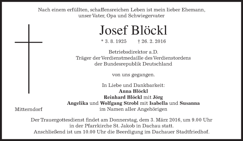  Traueranzeige für Josef Blöckl vom 01.03.2016 aus merkurtz
