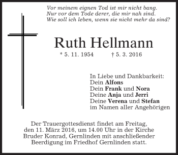 Traueranzeige von Ruth Hellmann von merkurtz