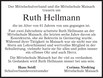Traueranzeige von Ruth Hellmann von merkurtz