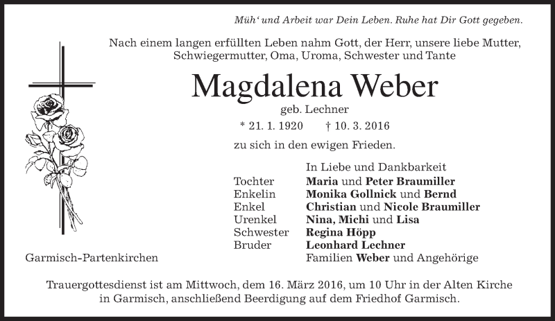  Traueranzeige für Magdalena Weber vom 12.03.2016 aus merkurtz