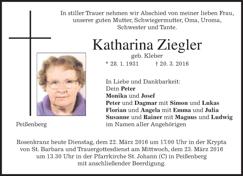 Traueranzeigen von Katharina Ziegler | trauer.merkur.de