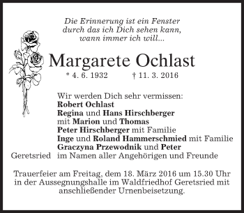 Traueranzeige von Margarete Ochlast von merkurtz