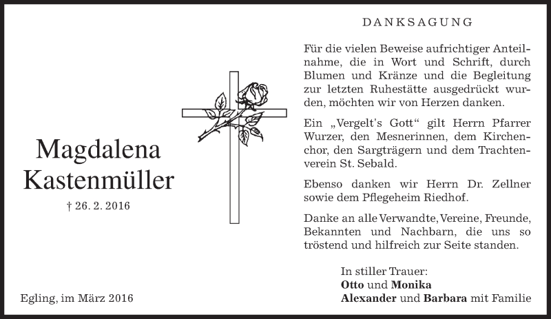  Traueranzeige für Magdalena Kastenmüller vom 12.03.2016 aus merkurtz