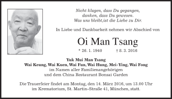 Traueranzeige von Oi Man Tsang von merkurtz