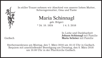 Traueranzeige von Maria Schinnagl von merkurtz