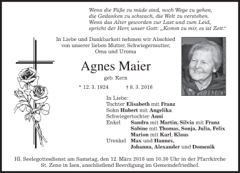 Traueranzeige von Agnes Maier von merkurtz