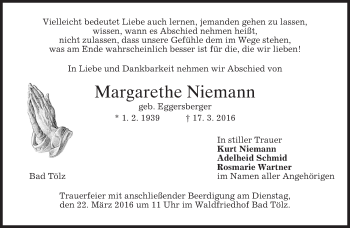 Traueranzeige von Margarethe Niemann von merkurtz