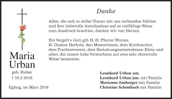 Traueranzeige von Maria Urban von merkurtz