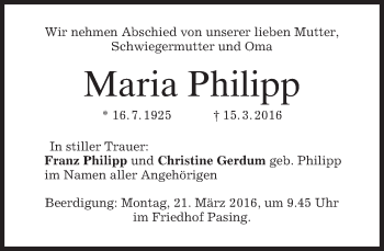 Traueranzeige von Maria Philipp von merkurtz