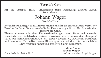 Traueranzeige von Johann Wäger von merkurtz