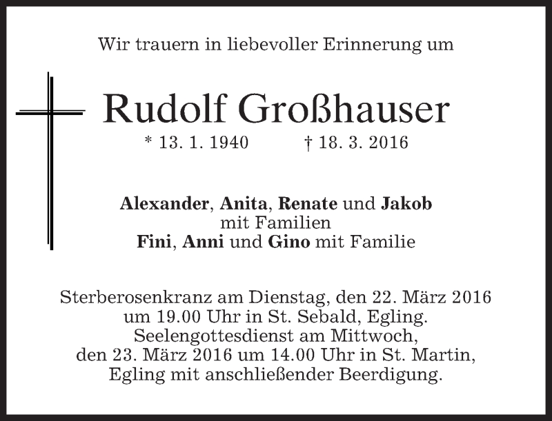  Traueranzeige für Rudolf Großhauser vom 19.03.2016 aus merkurtz