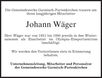 Traueranzeige von Johann Wäger von merkurtz