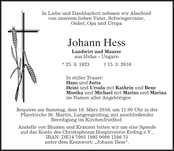 Traueranzeige von Johann Hess von merkurtz