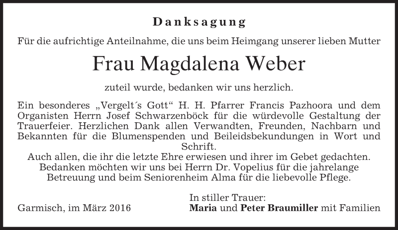  Traueranzeige für Magdalena Weber vom 24.03.2016 aus merkurtz