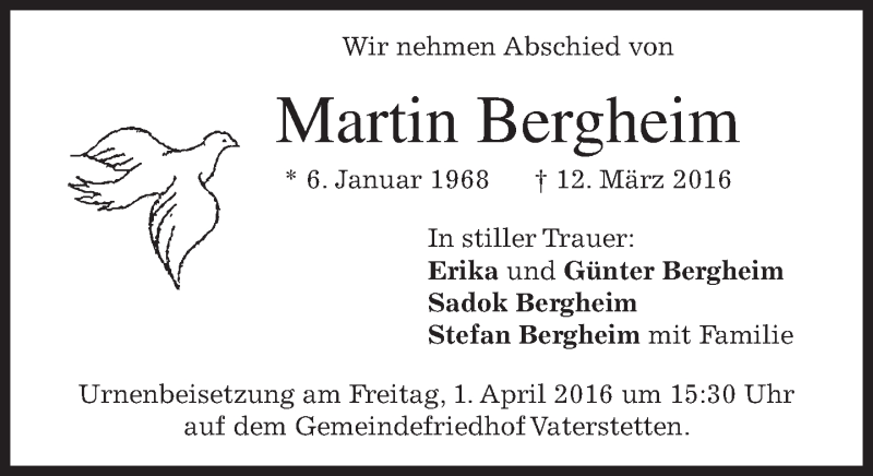  Traueranzeige für Martin Bergheim vom 30.03.2016 aus merkurtz
