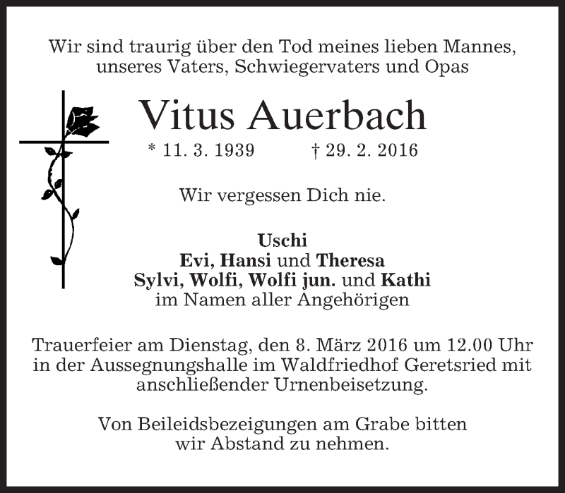  Traueranzeige für Vitus Auerbach vom 05.03.2016 aus merkurtz