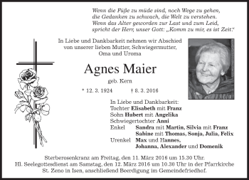 Traueranzeige von Agnes Maier von merkurtz