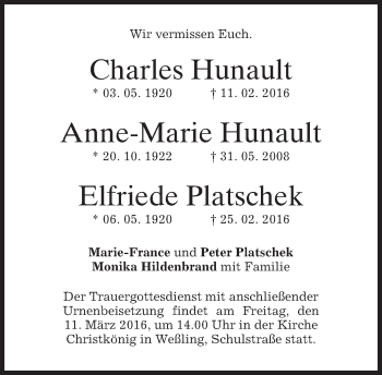Traueranzeige von Anne-Marie Hunault von merkurtz