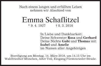Traueranzeige von Emma Schaflitzel von merkurtz