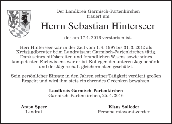 Traueranzeige von Sebastian Hinterseer von merkurtz
