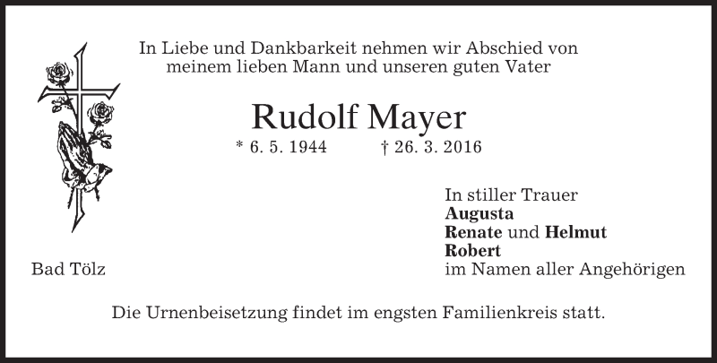  Traueranzeige für Rudolf Mayer vom 16.04.2016 aus merkurtz