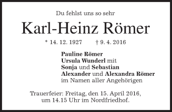 Traueranzeige von Karl-Heinz Römer von merkurtz