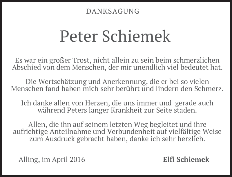  Traueranzeige für Peter Schiemek vom 23.04.2016 aus merkurtz