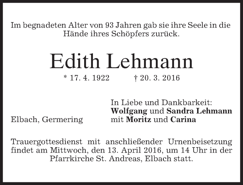  Traueranzeige für Edith Lehmann vom 09.04.2016 aus merkurtz