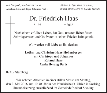 Traueranzeige von Friedrich Haas von merkurtz