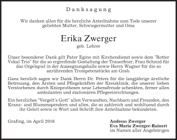 Traueranzeige von Erika Zwerger