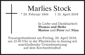 Traueranzeige von Marlies Stock