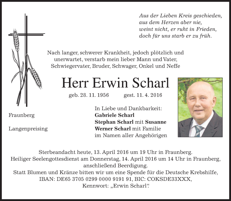  Traueranzeige für Erwin Scharl vom 13.04.2016 aus merkurtz