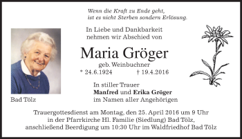 Traueranzeige von Maria Gröger von merkurtz
