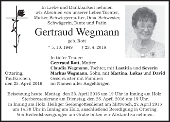 Traueranzeige von Gertraud Wegmann von merkurtz